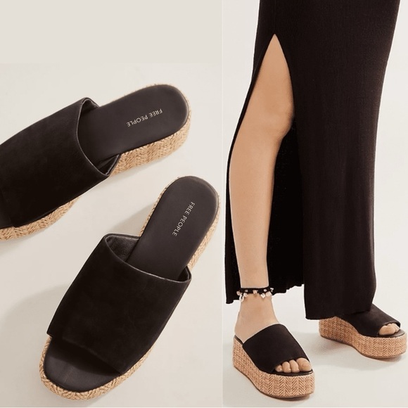 Free People Harbor Raffia Flatform Sandals in Black Size 11 Platform Chunky Boho - Picture 1 of 16